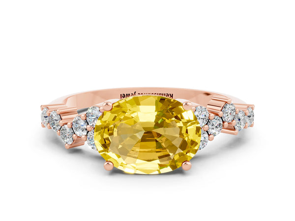 Rose gold Oval Cut Yellow Sapphire Scattered Round Accent Ring with Prong Setting