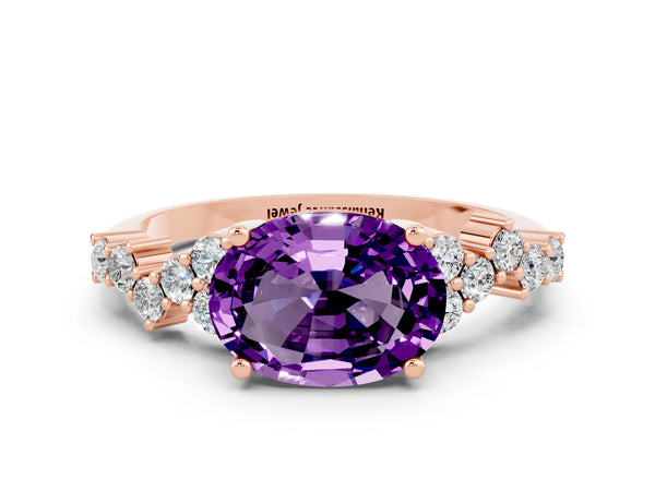 Rose gold Oval Cut Amethyst Scattered Round Accent Ring with Prong Setting