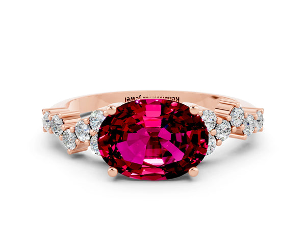 Rose gold Oval Cut Garnet Scattered Round Accent Ring with Prong Setting