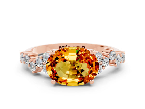 Rose gold Oval Cut Citrine Scattered Round Accent Ring with Prong Setting