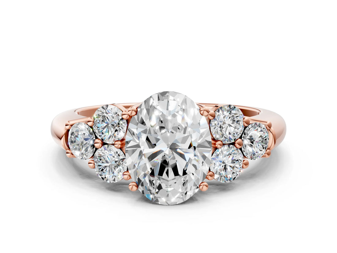 Rose gold Oval Cut Diamond Cluster Ring with Round Accent Stones and Prong Setting on a Classic Band_62