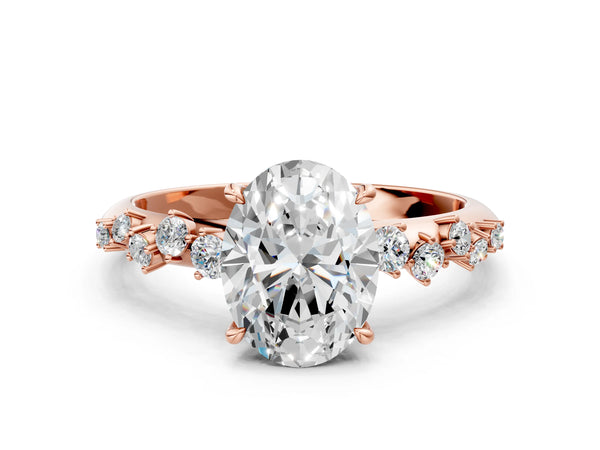 Rose gold Oval Cut Diamond Cluster Side Stone Solitaire Ring with Prong Setting