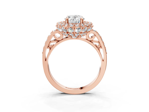 Rose gold Oval Cut Diamond Double Halo Ring with Pavé Band and Four-Prong Setting
