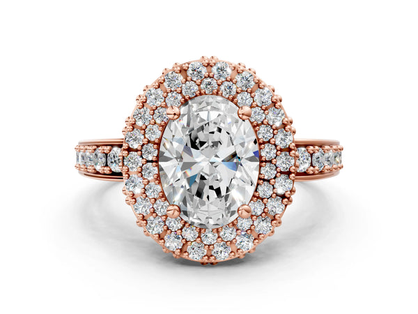 Rose gold Oval Cut Diamond Double Halo Ring with Pavé Band and Four-Prong Setting