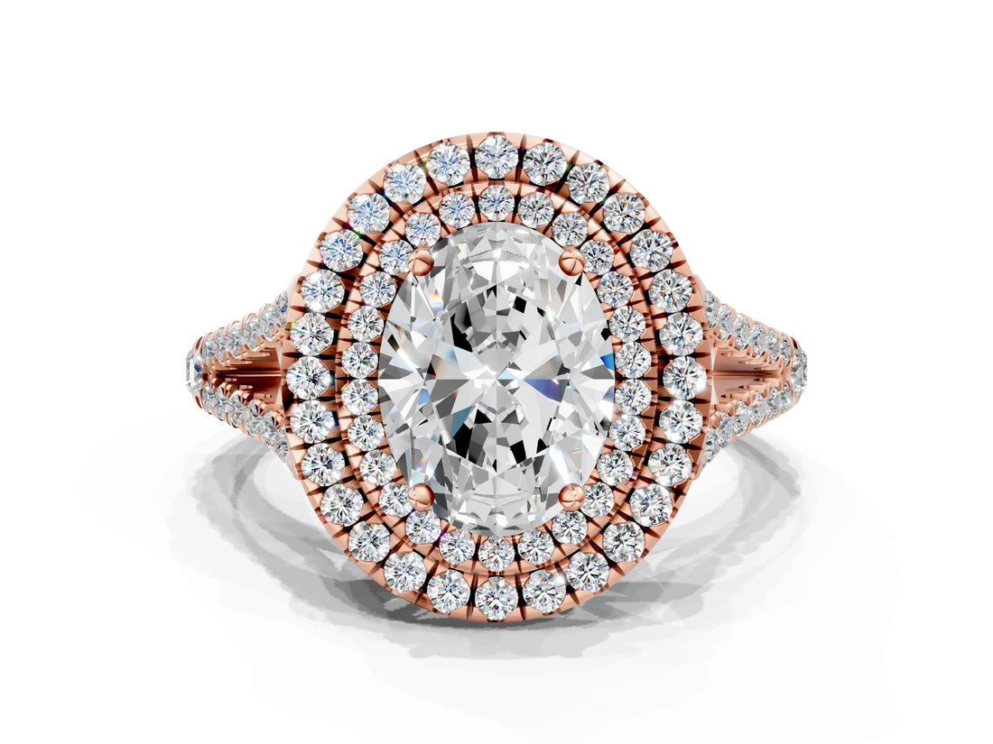 Rose gold Oval Cut Diamond Double Halo Ring with Pavé Band and Prong Setting_100
