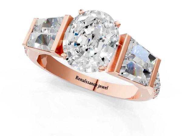 Rose gold Oval Cut Diamond Engagement Ring with Baguette Side Stones and Channel Set Band