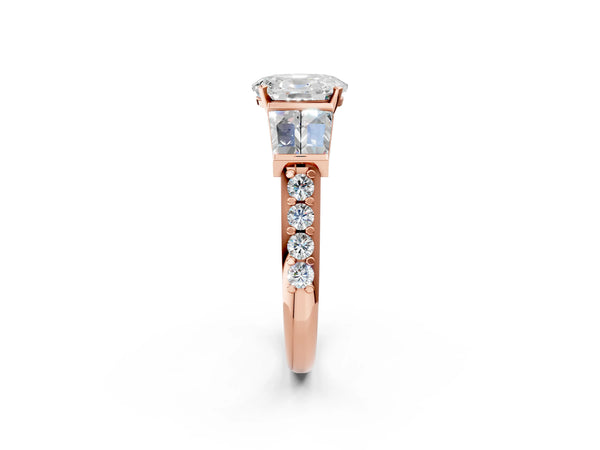 Rose gold Oval Cut Diamond Engagement Ring with Baguette Side Stones and Channel Set Band
