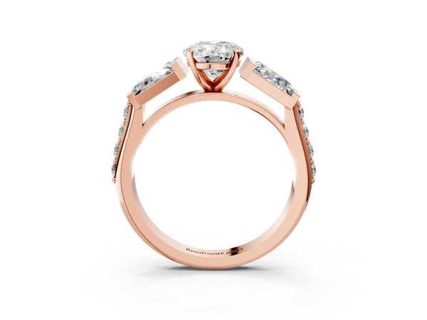 Rose gold Oval Cut Diamond Engagement Ring with Baguette Side Stones and Channel Set Band