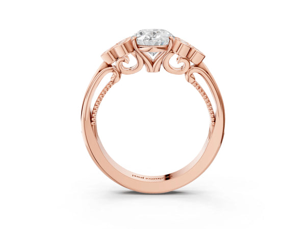 Rose Gold Oval Vintage Engagement Ring Setting with Bezel-Set Shoulder Clusters and Milgrain