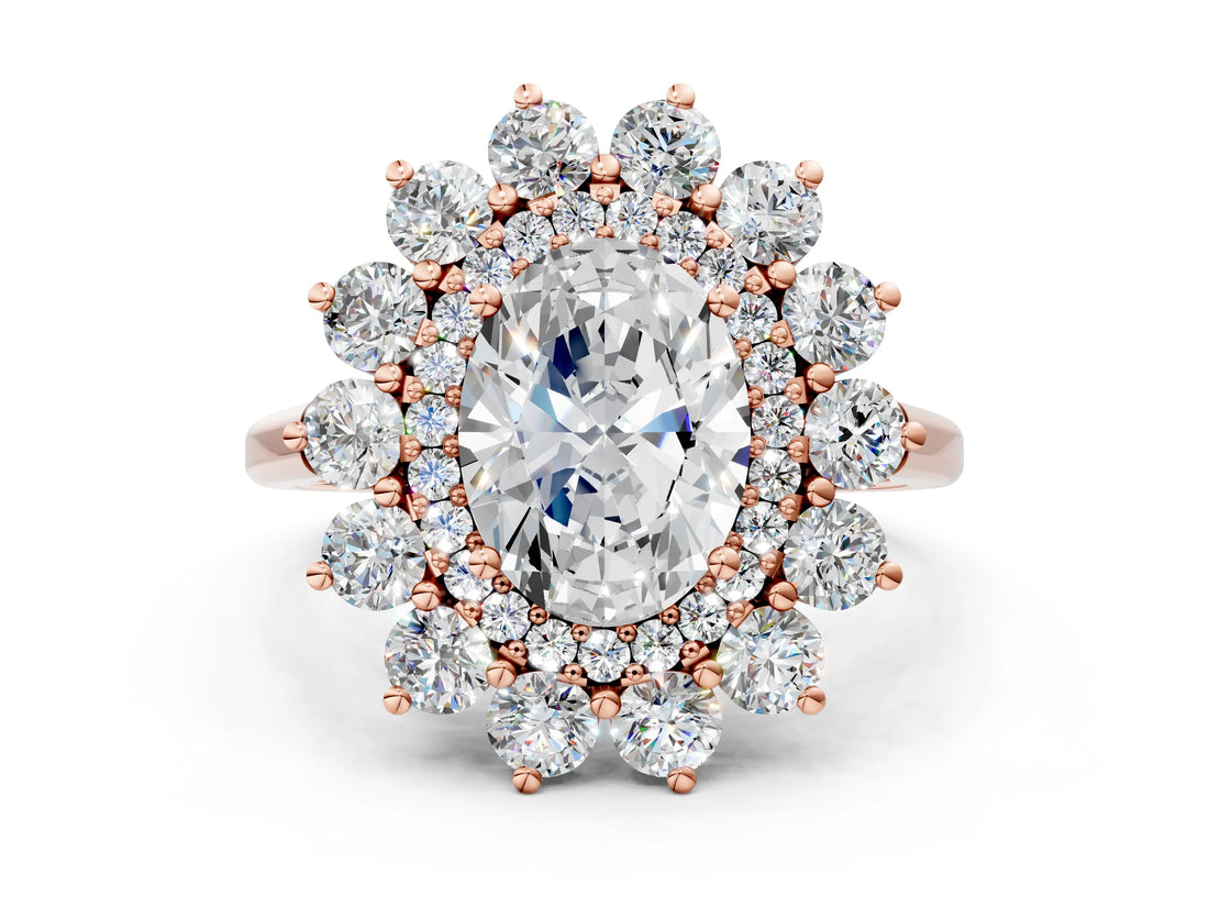 Rose gold Oval Cut Diamond Floral Double Halo Engagement Ring with Prong Setting_63