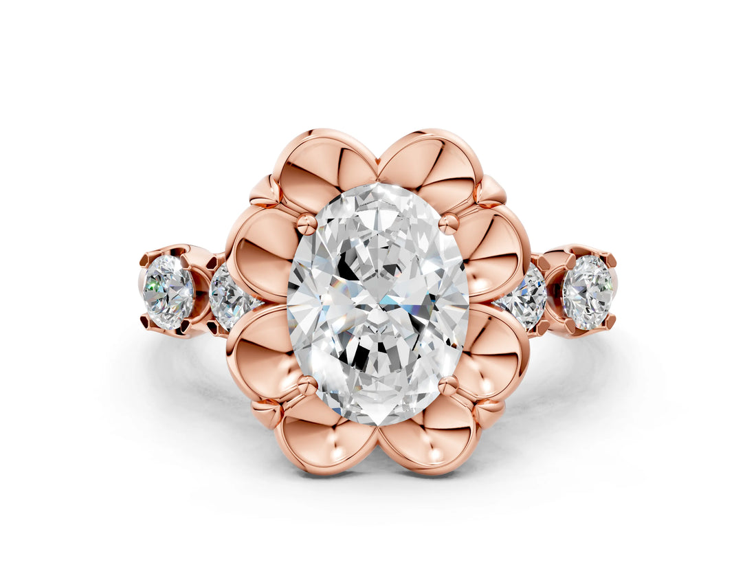 Rose gold Oval Cut Diamond Floral Halo Engagement Ring with Shared Prong Setting