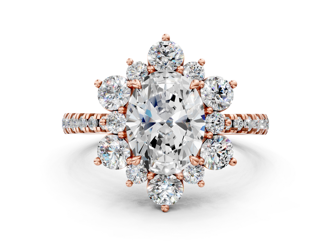 Rose gold Oval Cut Diamond Floral Halo Pave Band with Prong Setting_37