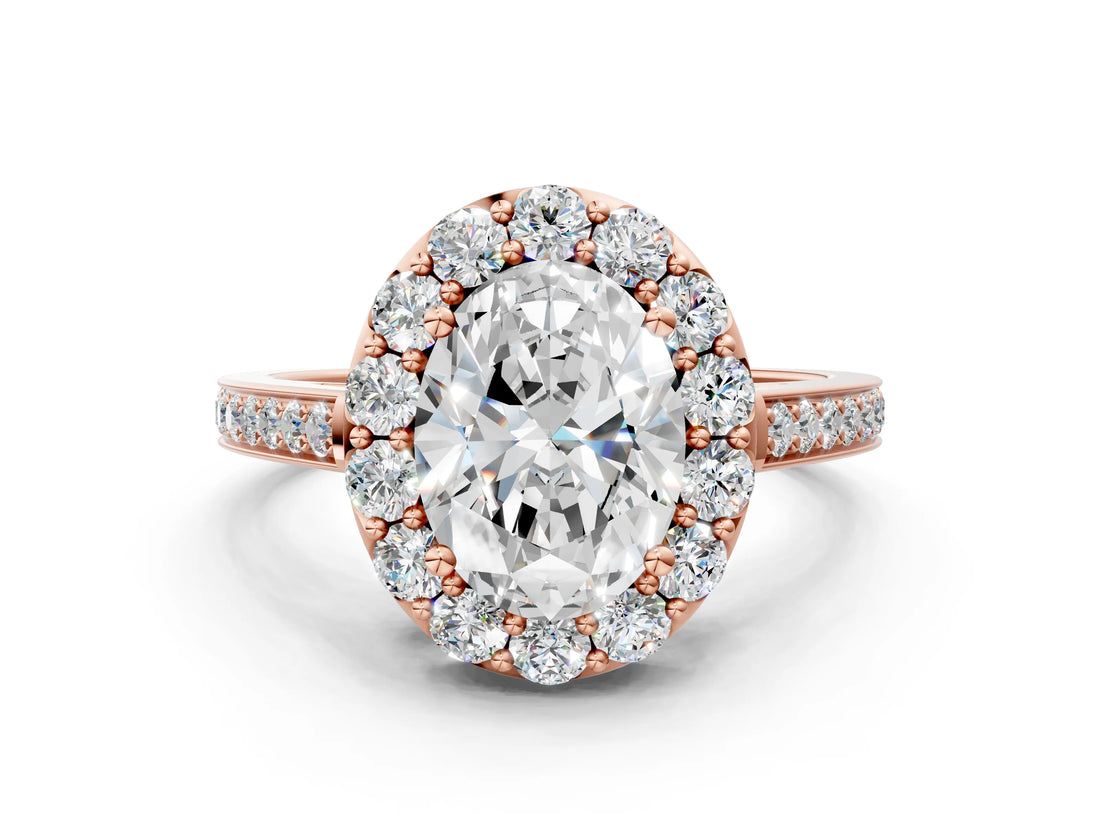 Rose gold Oval Cut Diamond Floral Halo Ring with Pavé Band and Prong Setting_3