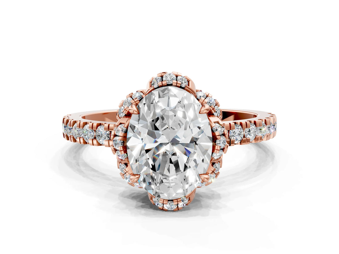 Rose gold Oval Cut Diamond Halo Pave Band with Four-Prong Setting_3
