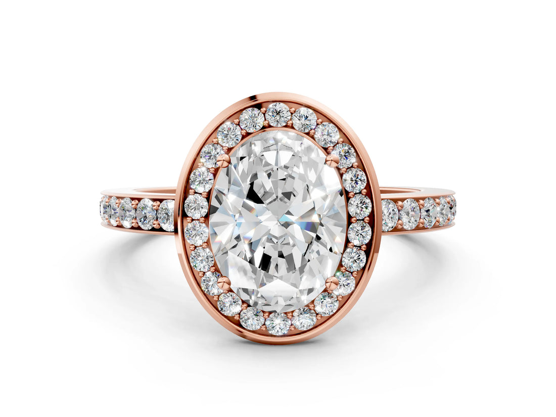 Rose gold Oval Cut Diamond Halo Ring with Bezel Frame and Pavé Band_7
