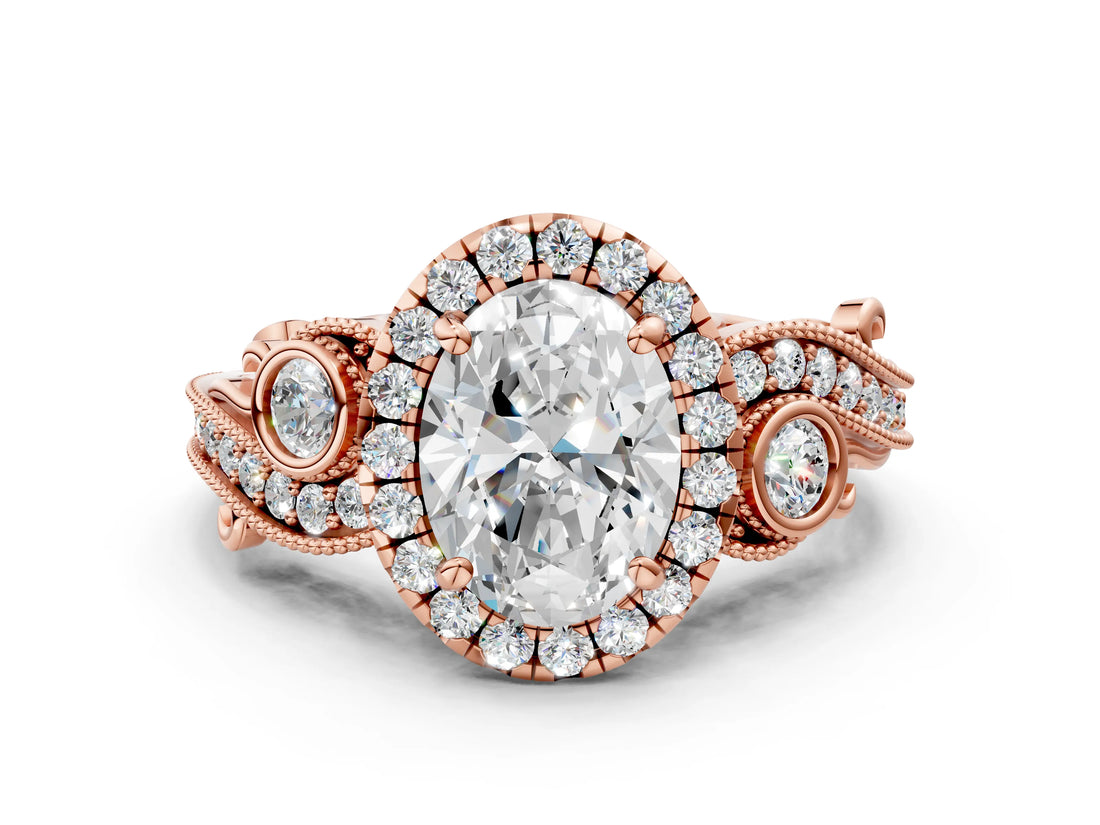 Rose gold Oval Cut Diamond Halo Ring with Milgrain Pavé Band and Four-Prong Setting_70