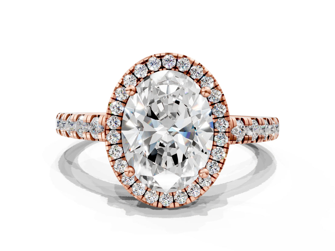 Rose gold Oval Cut Diamond Halo Ring with Pavé Band and Four-Prong Setting_3