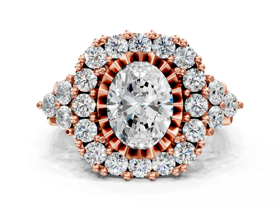 Rose gold Oval Cut Diamond Halo Ring with Pavé Band and Four-Prong Setting_41