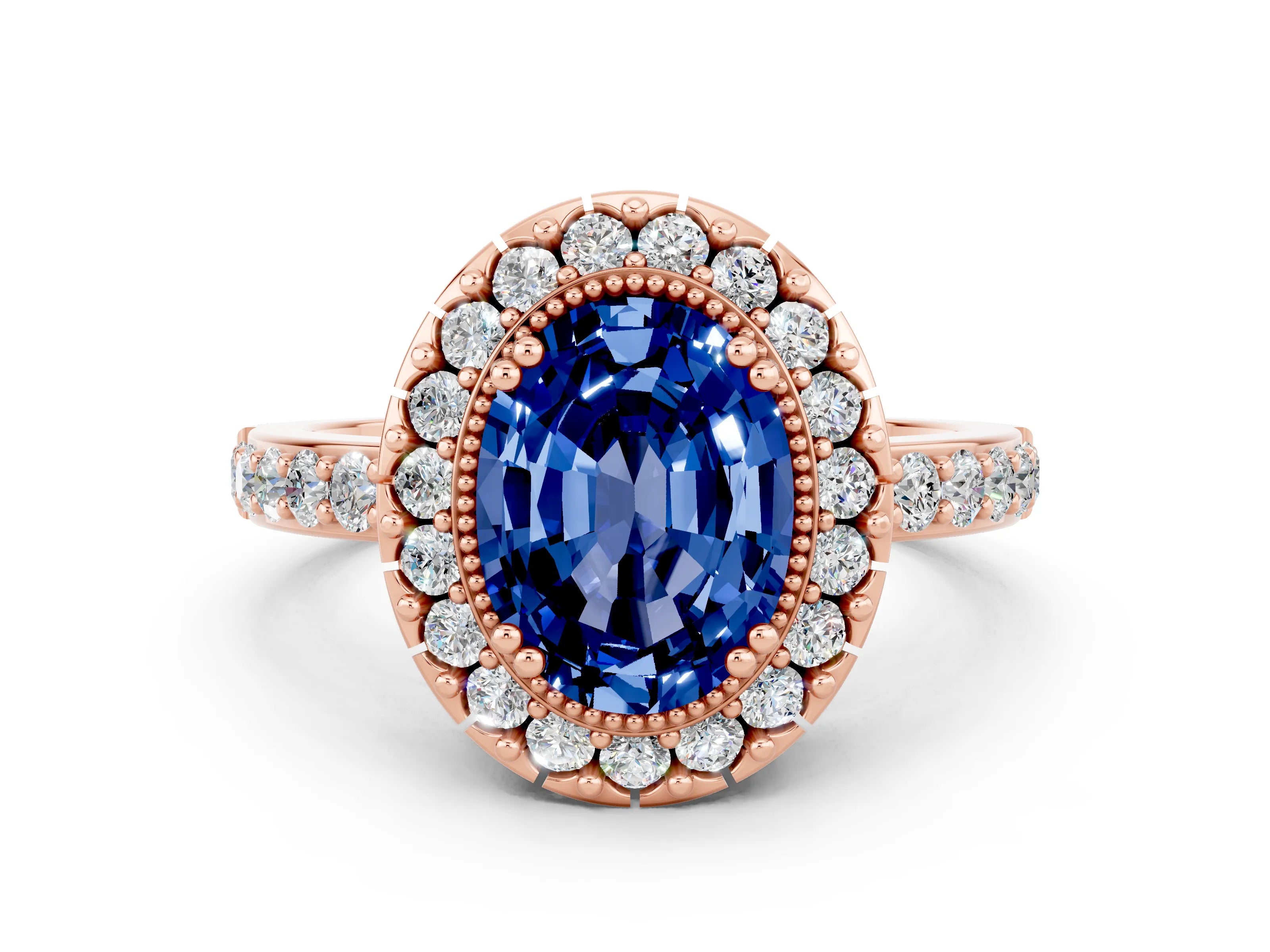 Rose gold Oval Cut Diamond Halo Ring with Pavé Band and Prong Setting