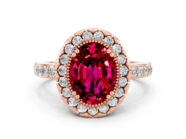 Rose gold Oval Cut Garnet Halo Ring with Pavé Band and Prong Setting
