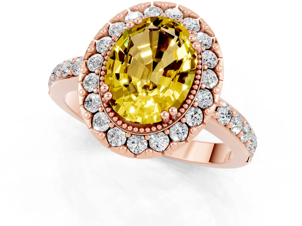 Rose gold Oval Cut Yellow Sapphire Halo Ring with Pavé Band and Prong Setting