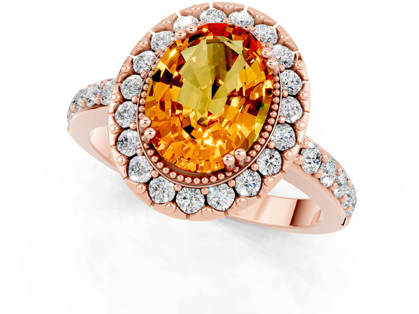 Rose gold Oval Cut Citrine Halo Ring with Pavé Band and Prong Setting
