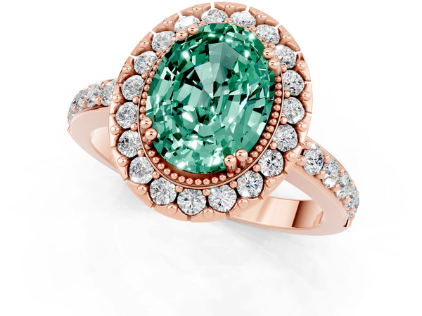Rose gold Oval Cut Green Sapphire Halo Ring with Pavé Band and Prong Setting