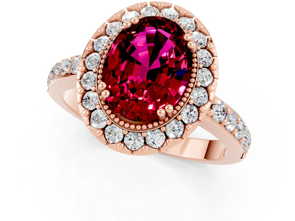 Rose gold Oval Cut Garnet Halo Ring with Pavé Band and Prong Setting