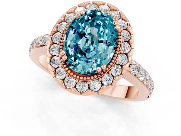 Rose gold Oval Cut Blue Topaz Halo Ring with Pavé Band and Prong Setting