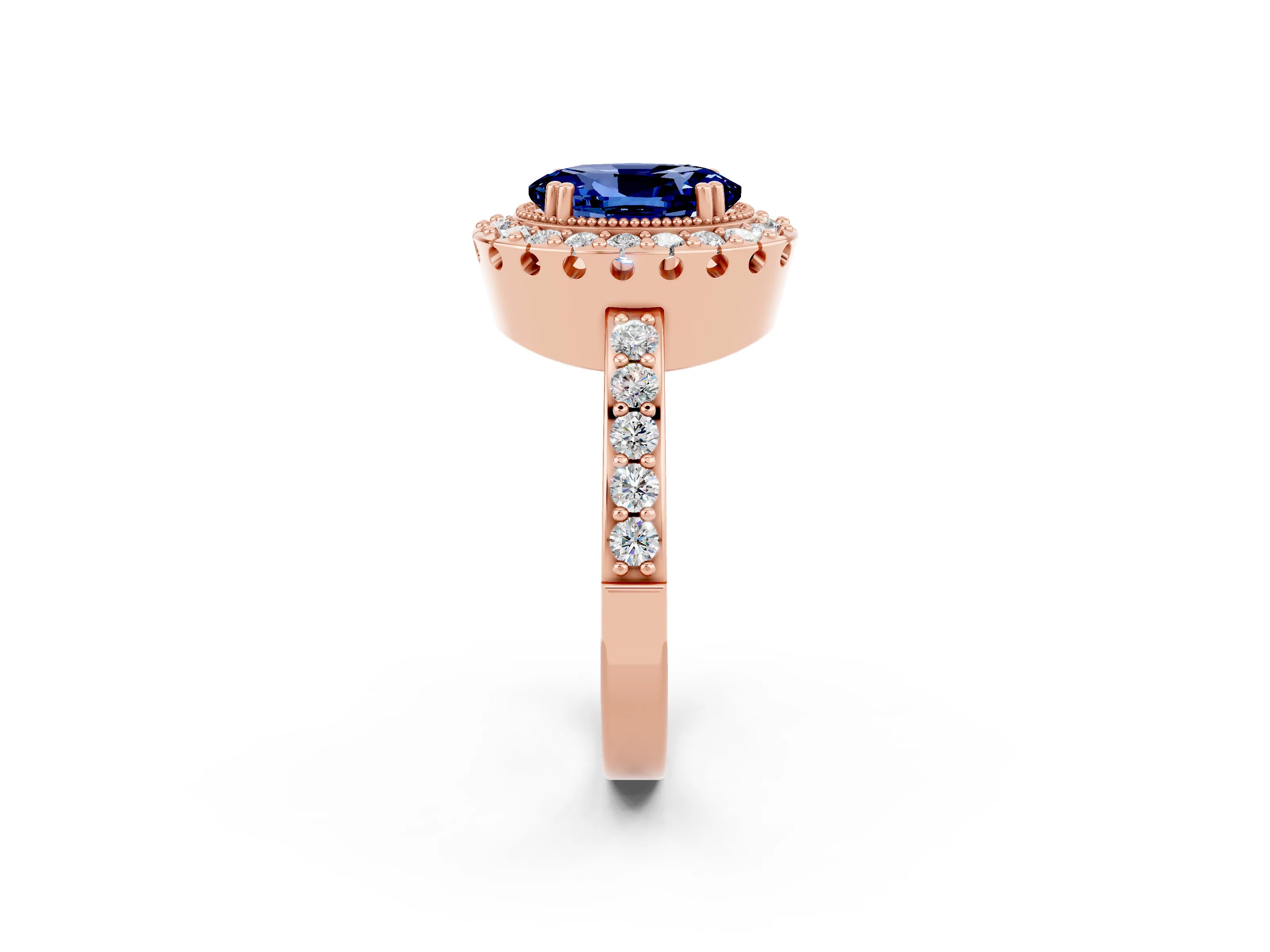 Rose gold Oval Cut Diamond Halo Ring with Pavé Band and Prong Setting_2