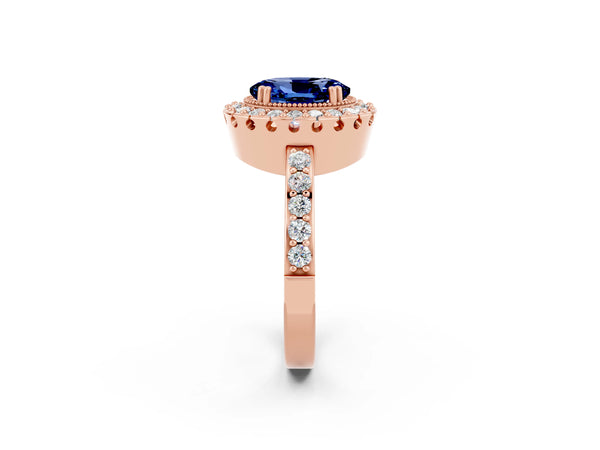 Rose gold Oval Cut Blue Sapphire Halo Ring with Pavé Band and Prong Setting