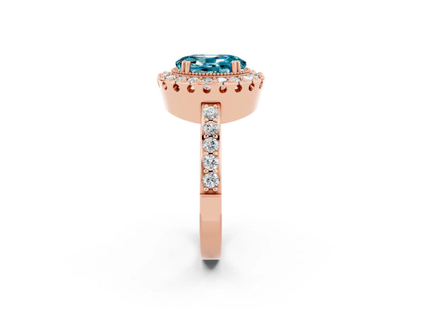 Rose gold Oval Cut Blue Topaz Halo Ring with Pavé Band and Prong Setting