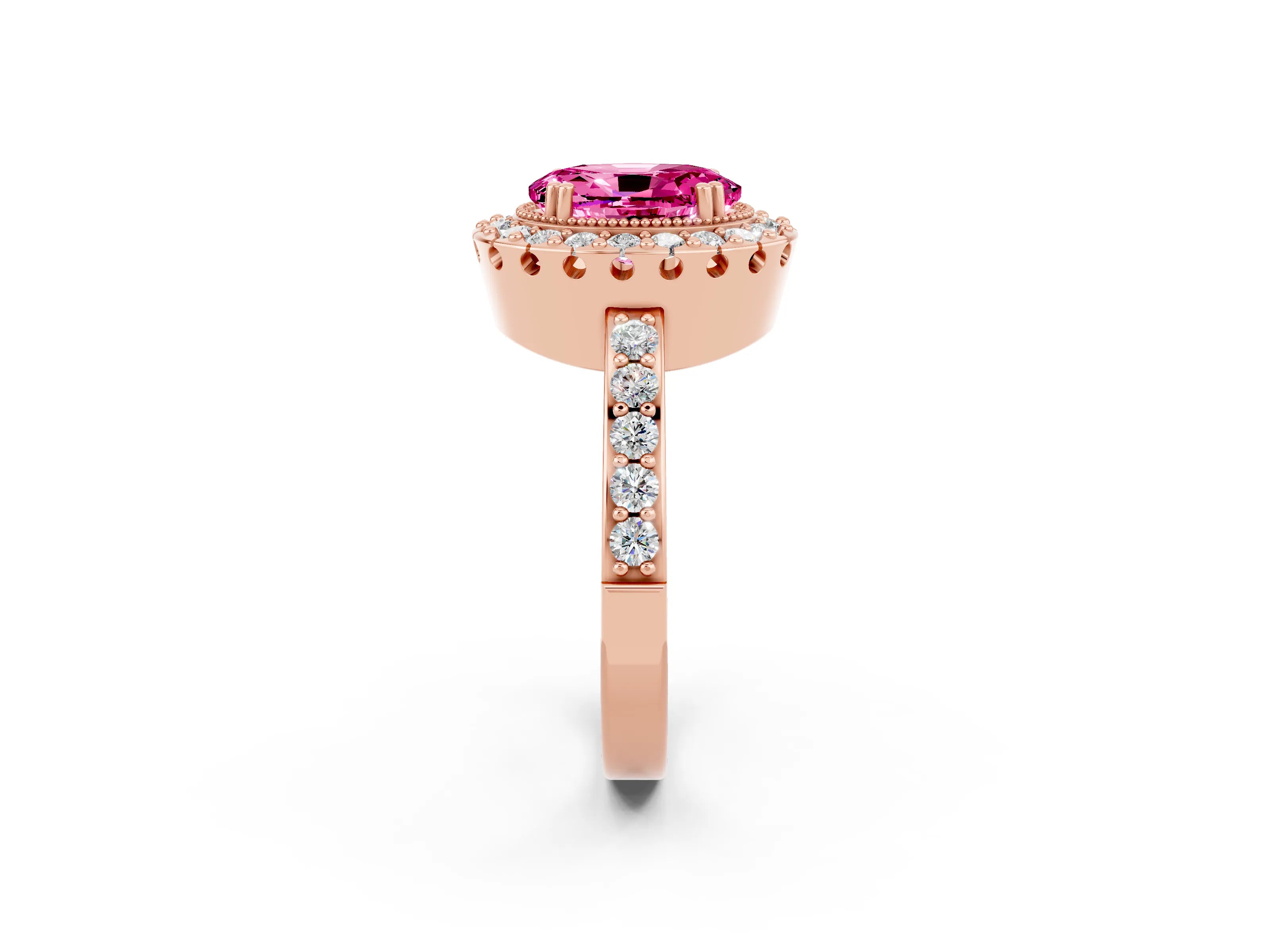 Rose gold Oval Cut Diamond Halo Ring with Pavé Band and Prong Setting_2