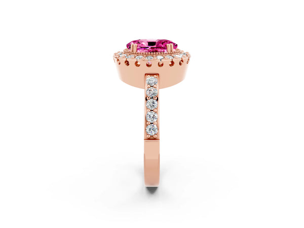 Rose gold Oval Cut Pink Sapphire Halo Ring with Pavé Band and Prong Setting