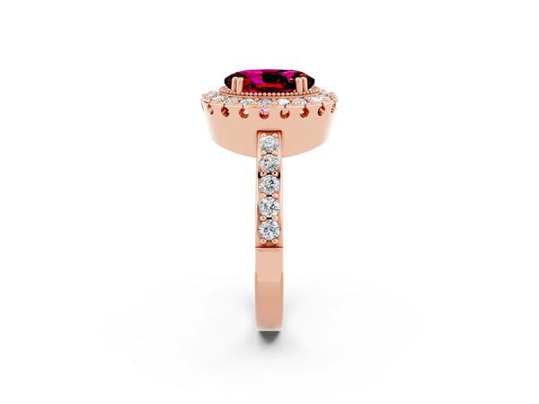 Rose gold Oval Cut Garnet Halo Ring with Pavé Band and Prong Setting
