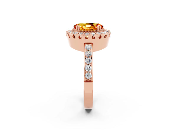 Rose gold Oval Cut Citrine Halo Ring with Pavé Band and Prong Setting
