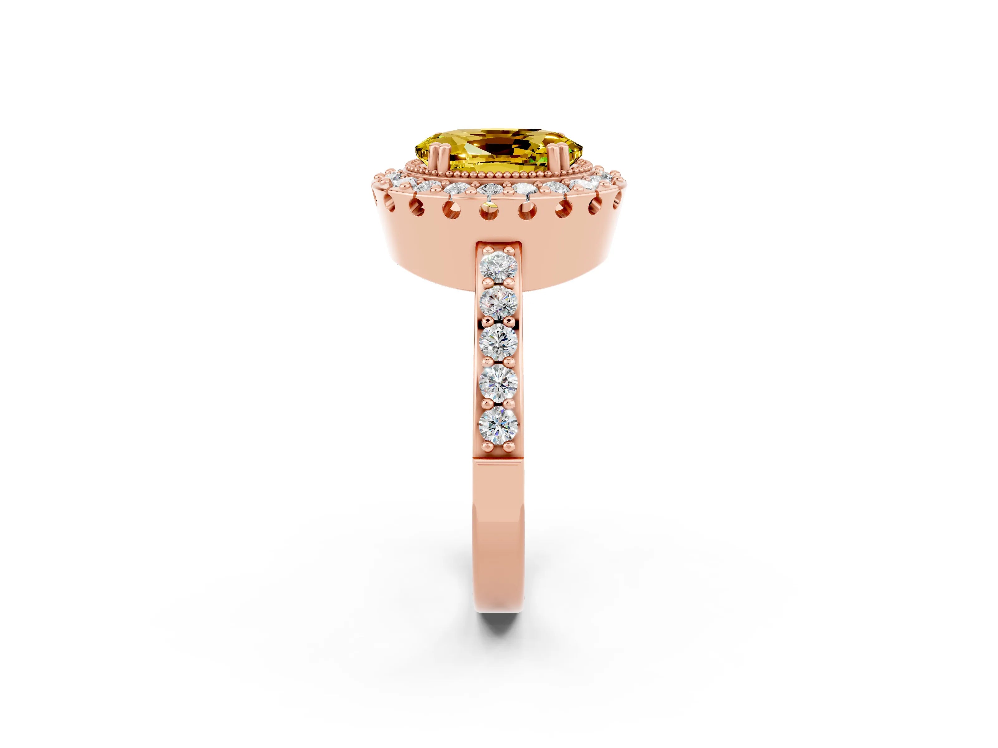 Rose gold Oval Cut Diamond Halo Ring with Pavé Band and Prong Setting_2