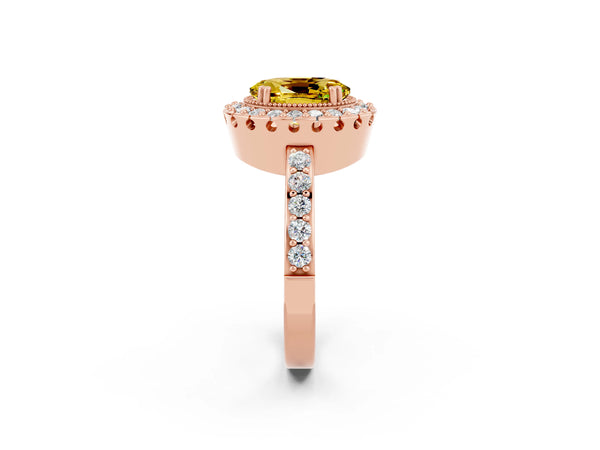 Rose gold Oval Cut Yellow Sapphire Halo Ring with Pavé Band and Prong Setting