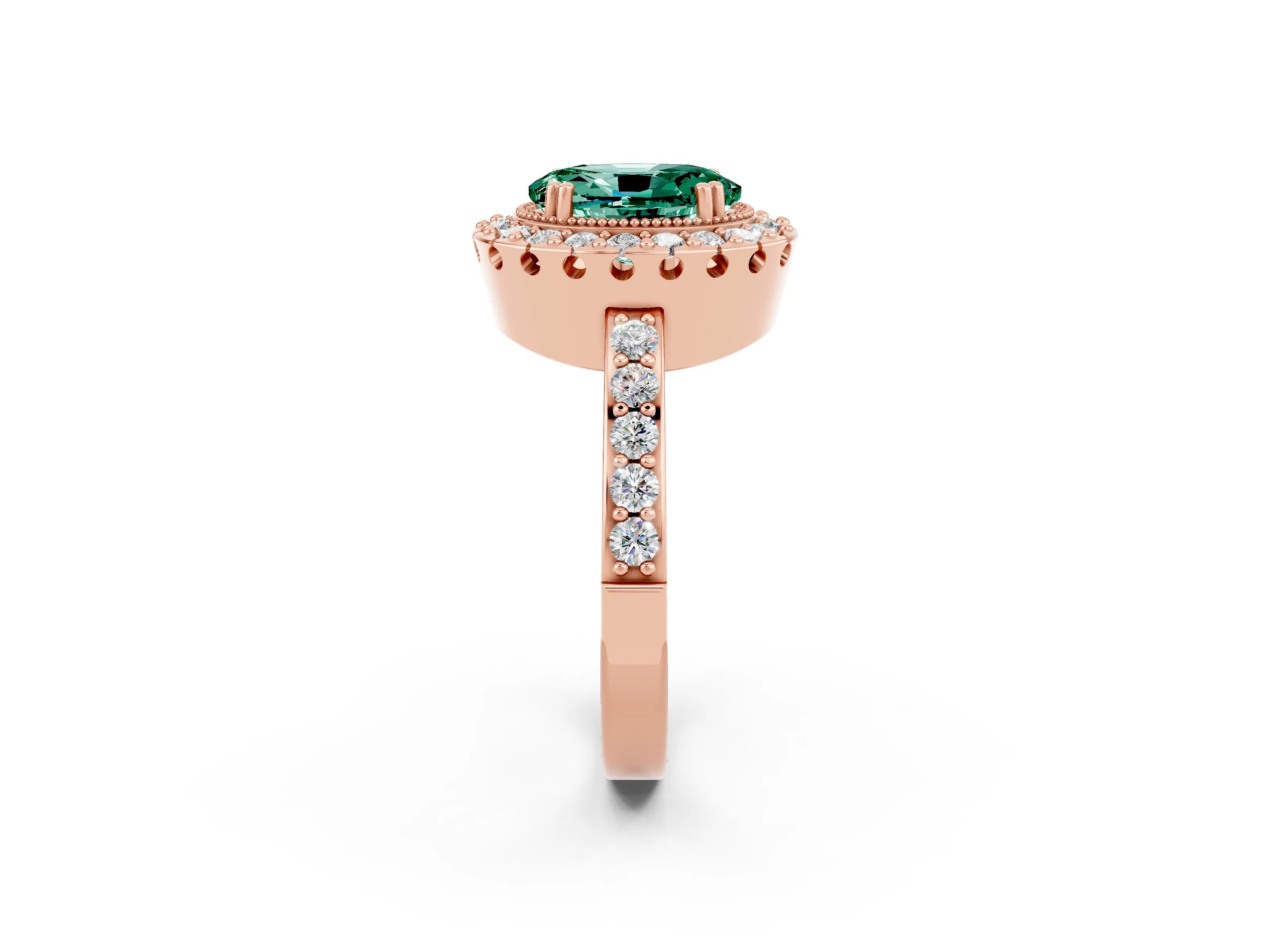 Rose gold Oval Cut Diamond Halo Ring with Pavé Band and Prong Setting_2