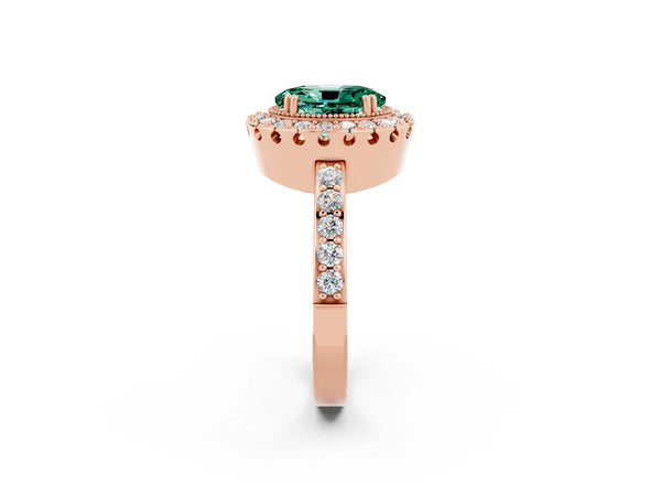 Rose gold Oval Cut Green Sapphire Halo Ring with Pavé Band and Prong Setting