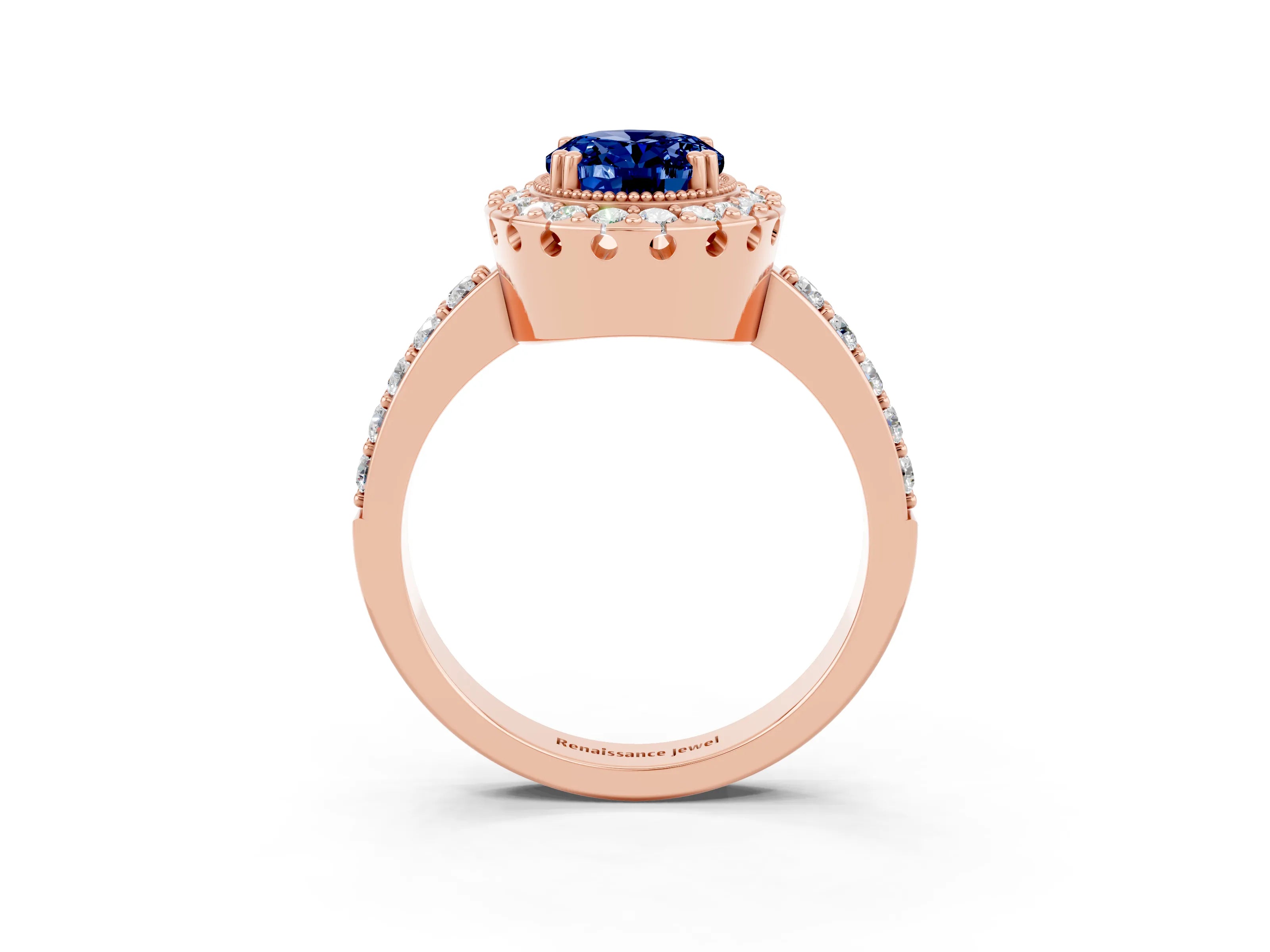 Rose gold Oval Cut Diamond Halo Ring with Pavé Band and Prong Setting_3