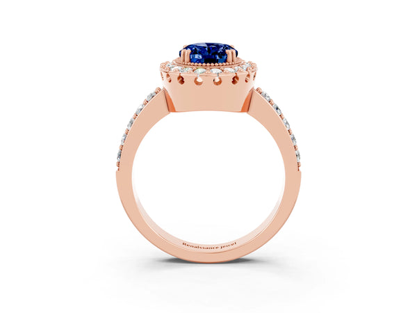 Rose gold Oval Cut Blue Sapphire Halo Ring with Pavé Band and Prong Setting