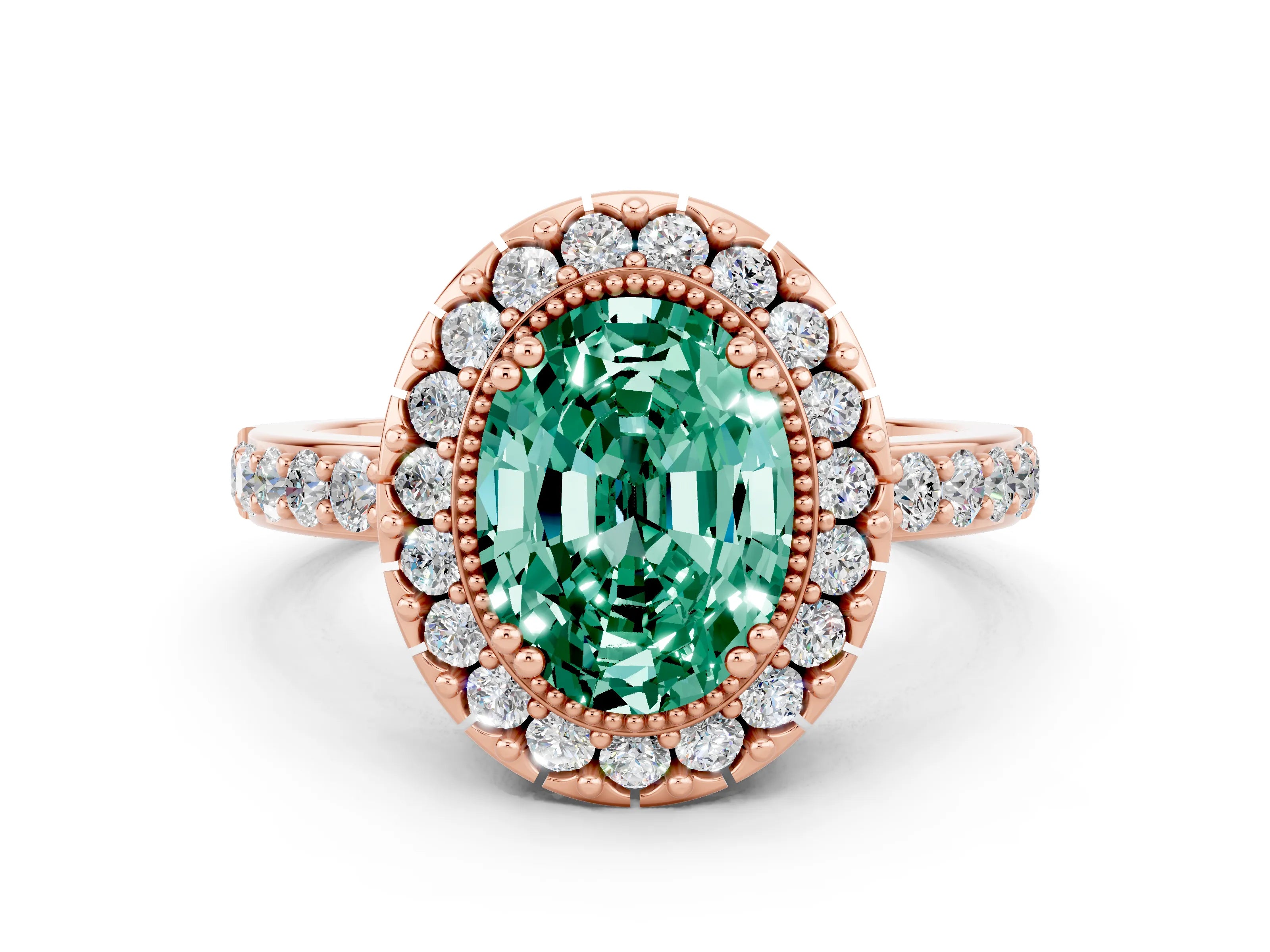 Rose gold Oval Cut Diamond Halo Ring with Pavé Band and Prong Setting