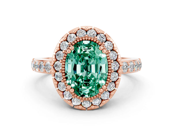 Rose gold Oval Cut Green Sapphire Halo Ring with Pavé Band and Prong Setting
