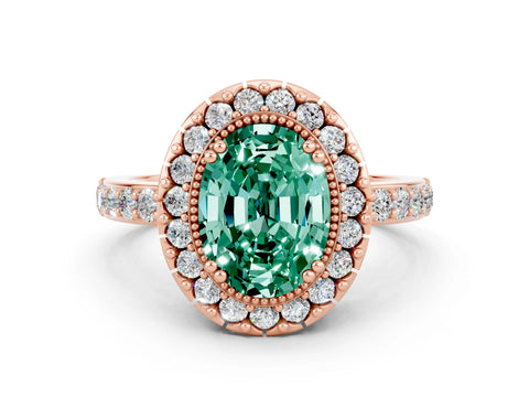 Rose gold Oval Cut Diamond Halo Ring with Pavé Band and Prong Setting