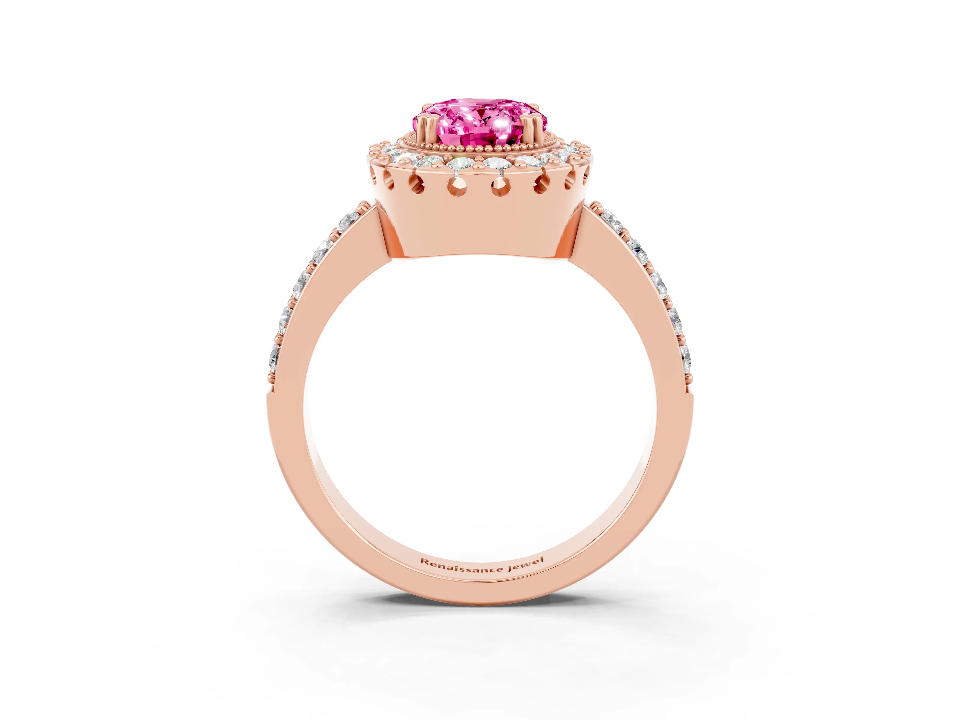 Rose gold Oval Cut Diamond Halo Ring with Pavé Band and Prong Setting_3