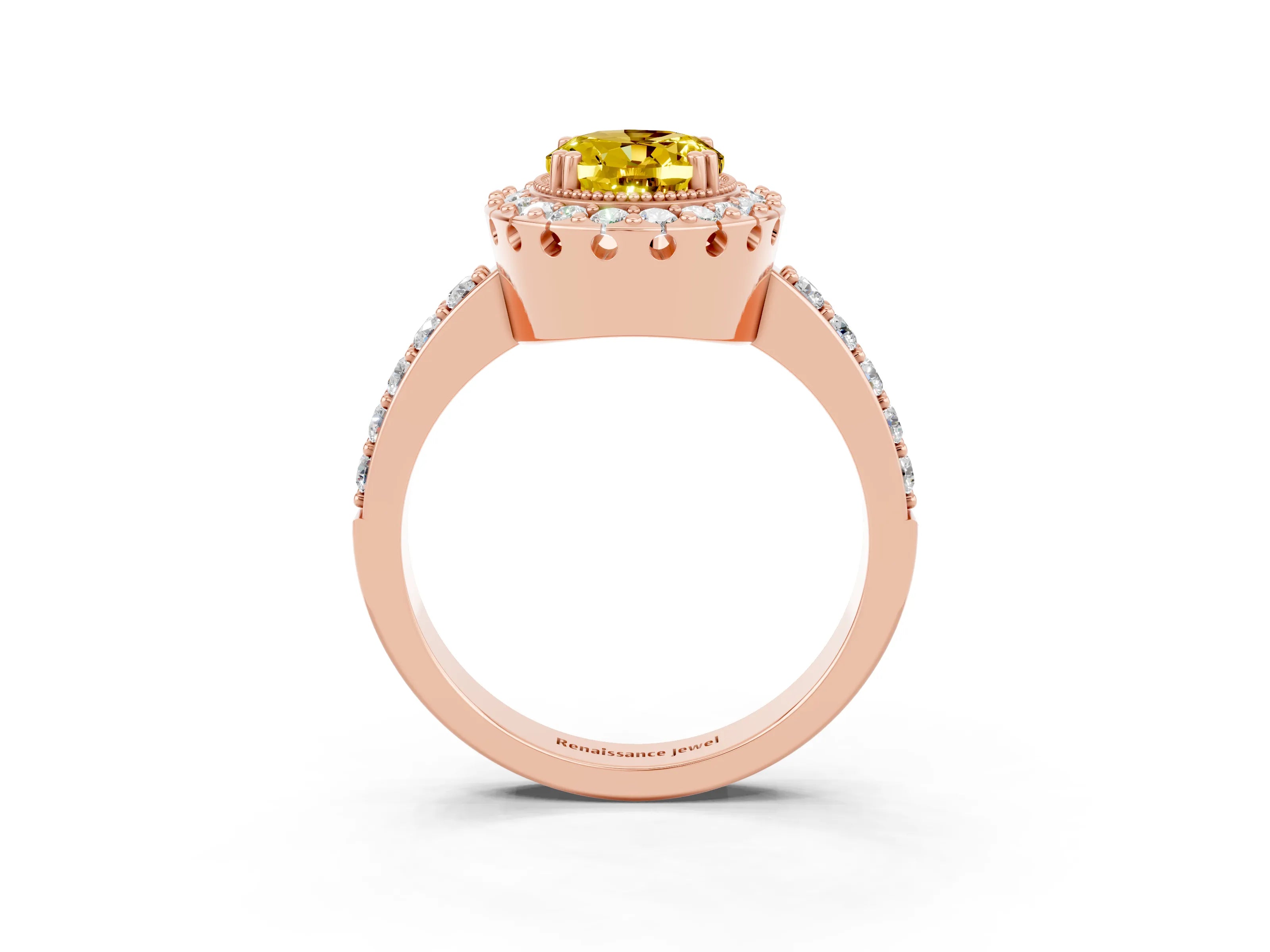 Rose gold Oval Cut Diamond Halo Ring with Pavé Band and Prong Setting_3