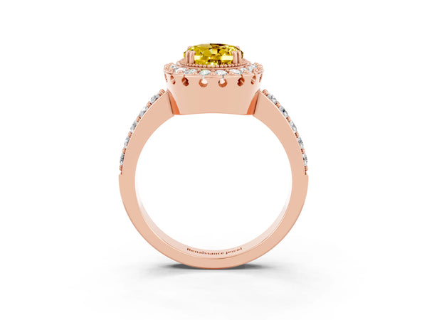 Rose gold Oval Cut Yellow Sapphire Halo Ring with Pavé Band and Prong Setting