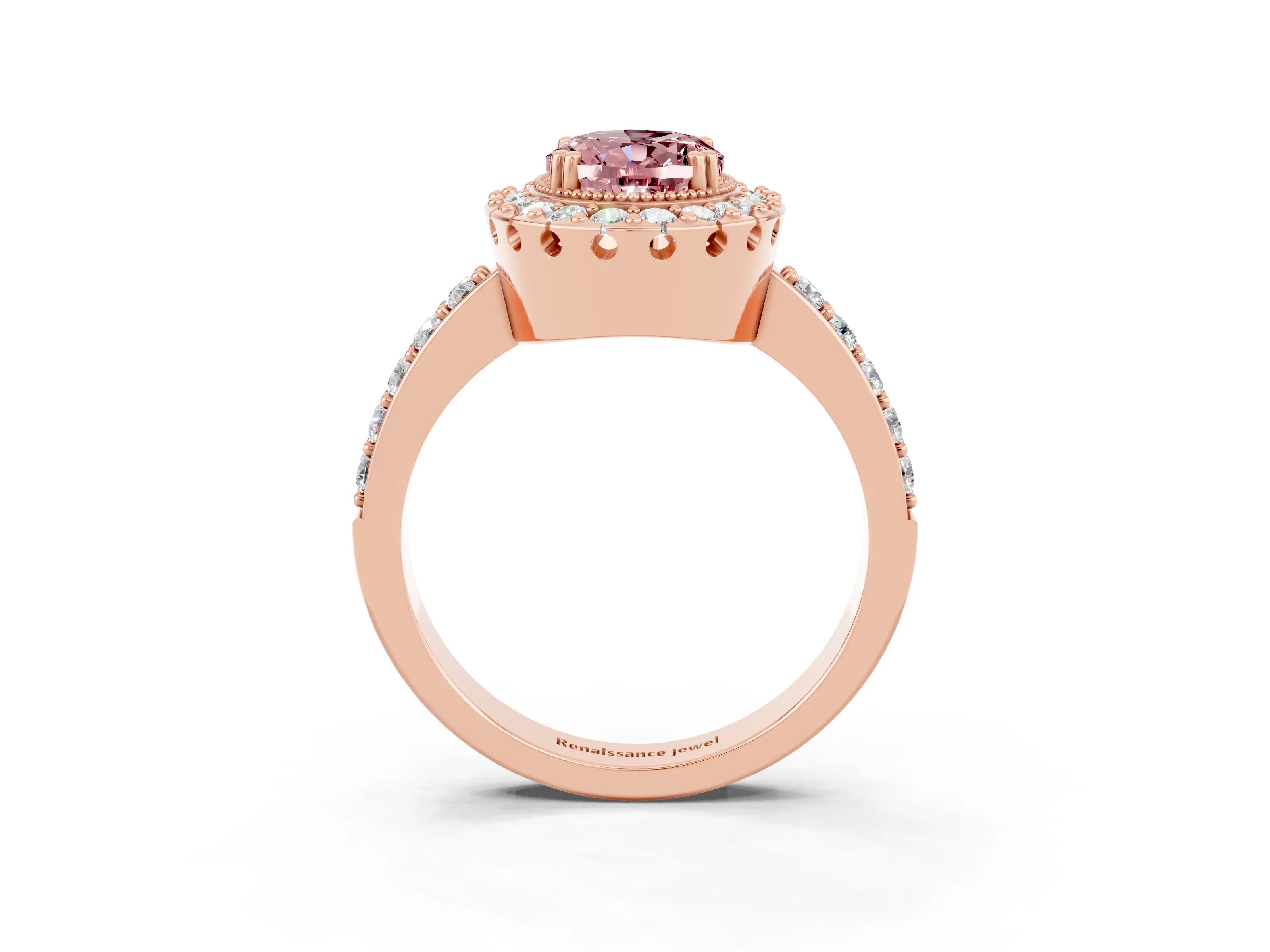 Rose gold Oval Cut Diamond Halo Ring with Pavé Band and Prong Setting_3