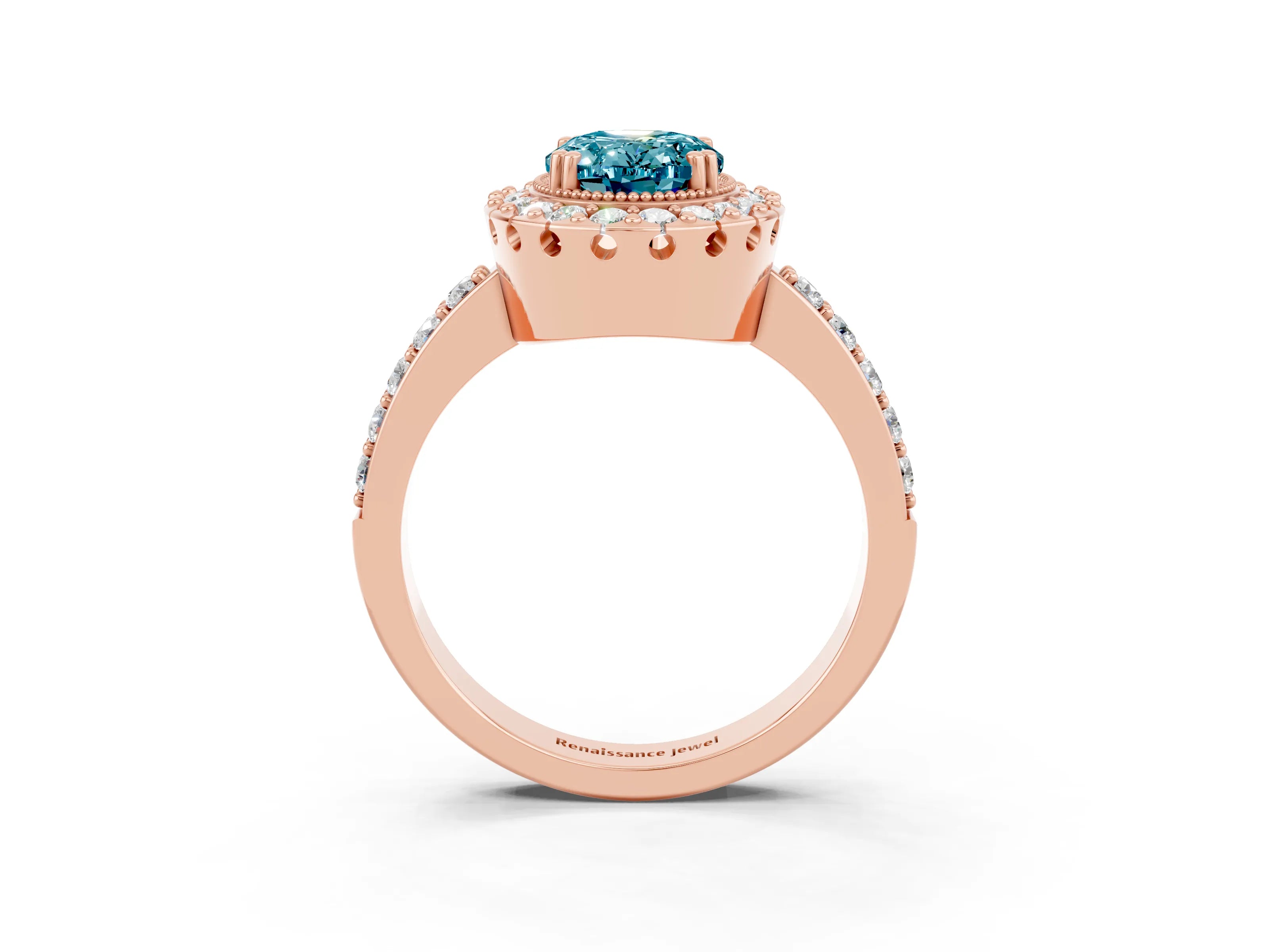 Rose gold Oval Cut Diamond Halo Ring with Pavé Band and Prong Setting_3